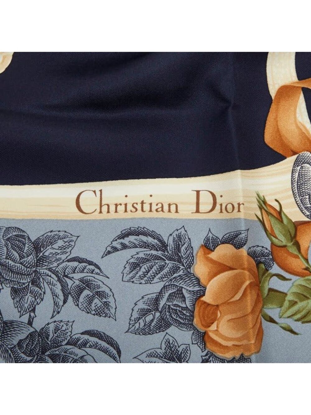 Dior Logo Flower Heart Motif Scarf Navy Blue Multicolor Silk - Picture 2 of 4